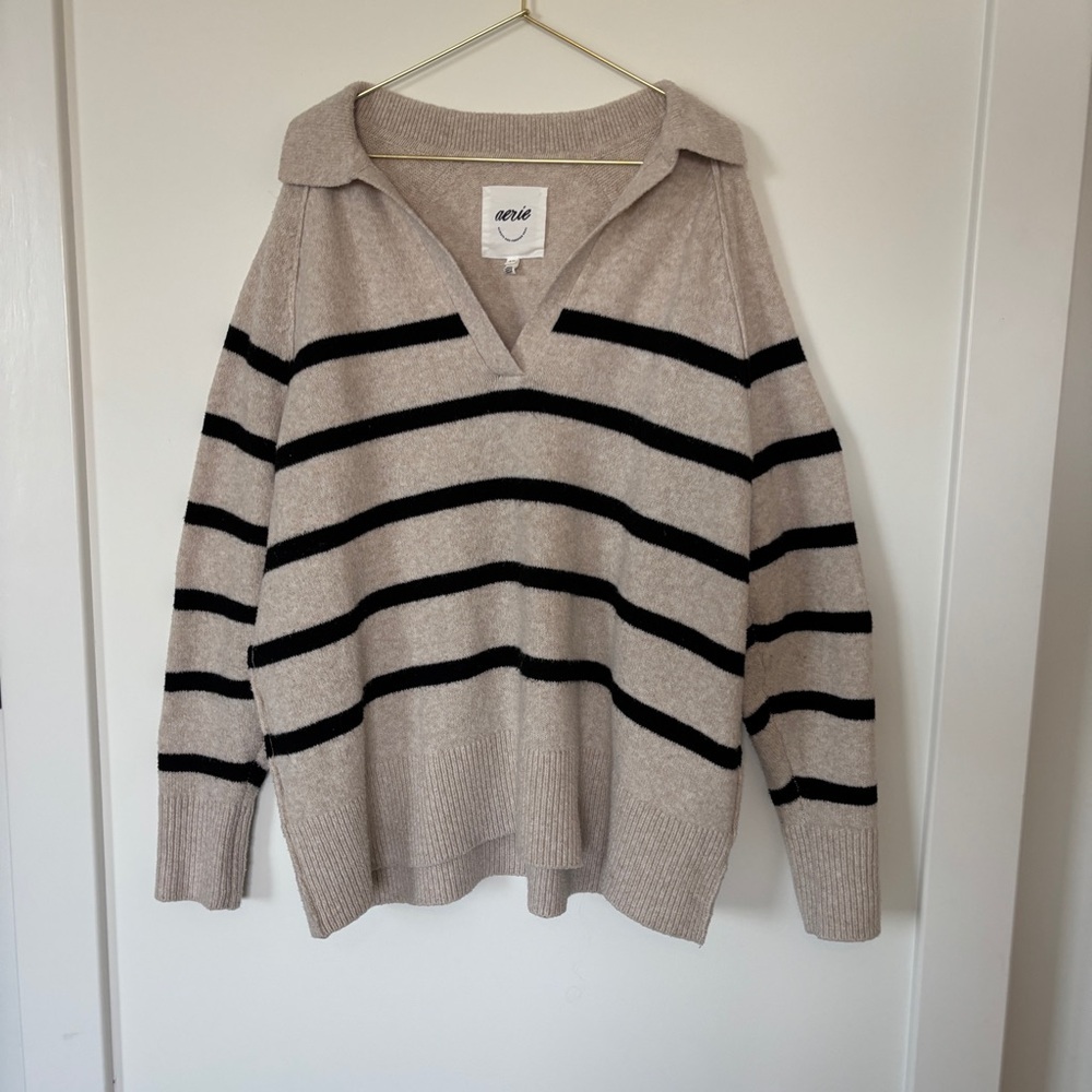 Aerie Striped Collared Sweater | Neutral Beige & Black | Cozy Pullover